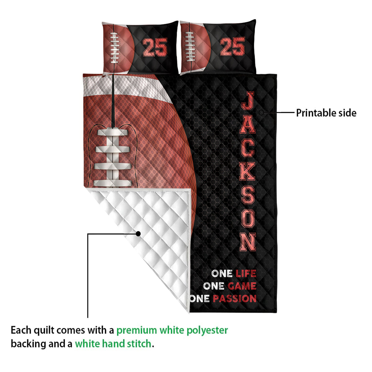 American football quilt showing the printed front and white diamond-stitched backing