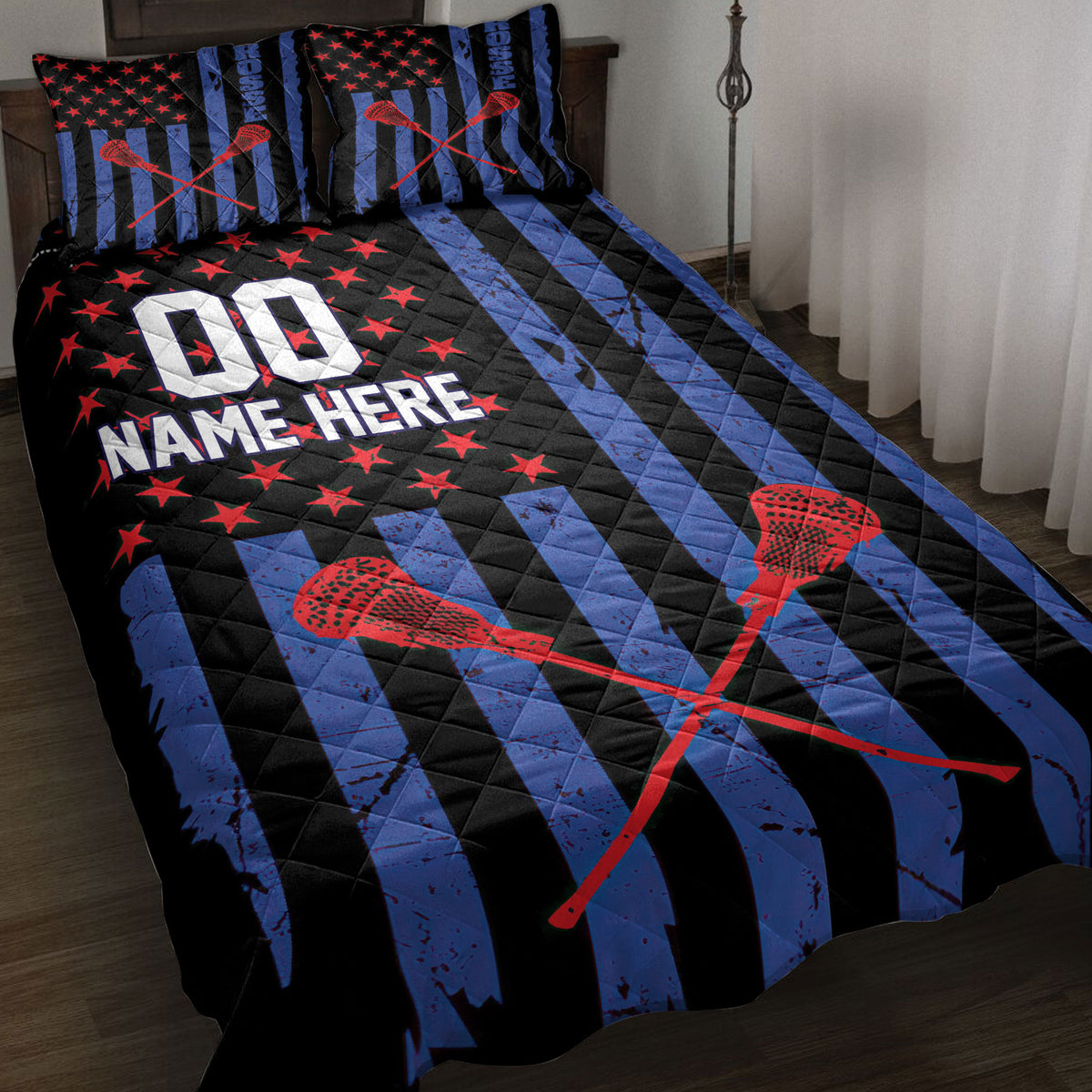 Lacrosse quilt blanket on a bed with crossed sticks, red stars, blue stripes, and bold sports artwork