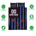 Lacrosse quilt bedding set displayed with matching pillowcase options in black, blue, and red