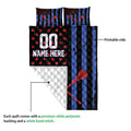 Lacrosse quilt showing the printed front, white quilted backing, and crossed stick artwork