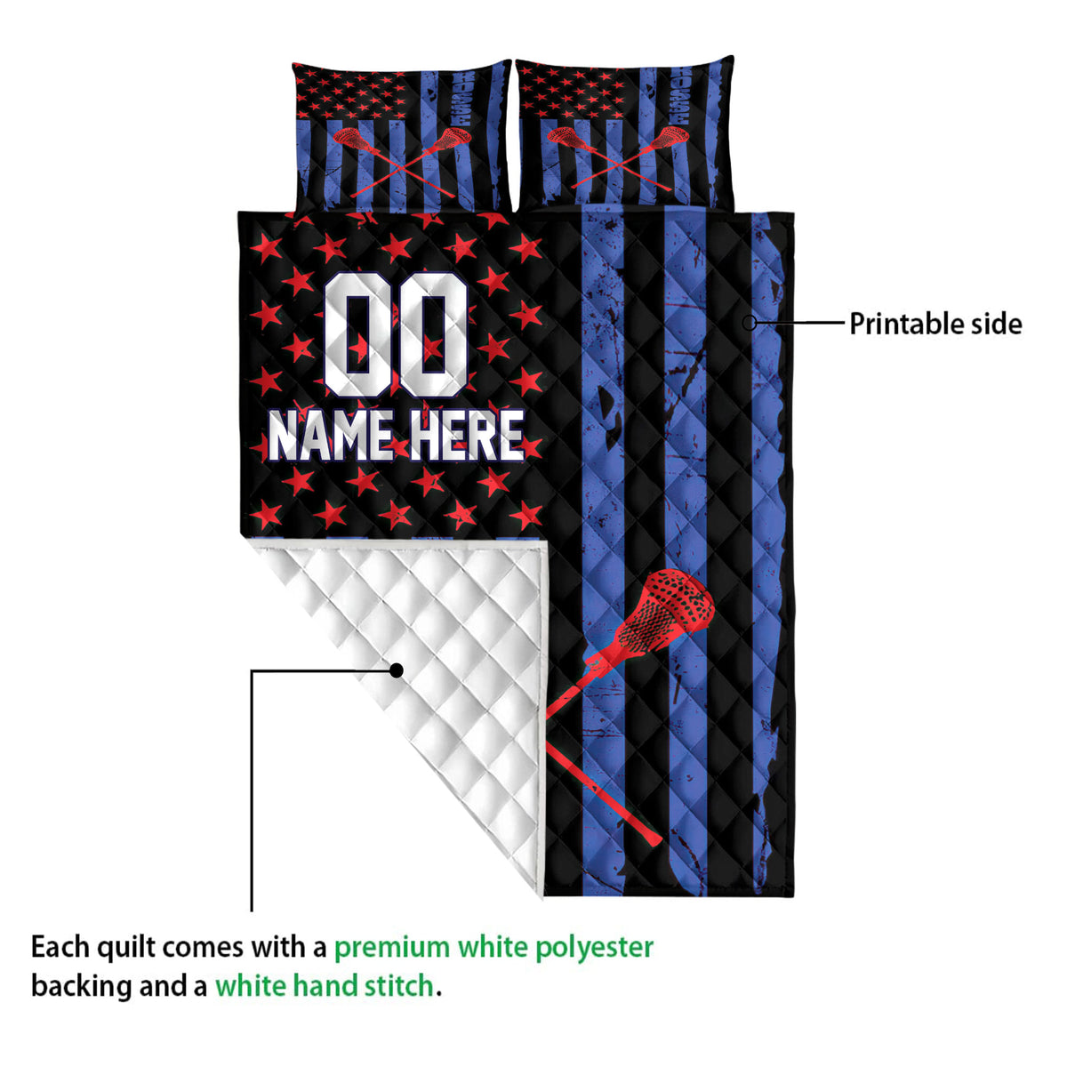 Lacrosse quilt showing the printed front, white quilted backing, and crossed stick artwork