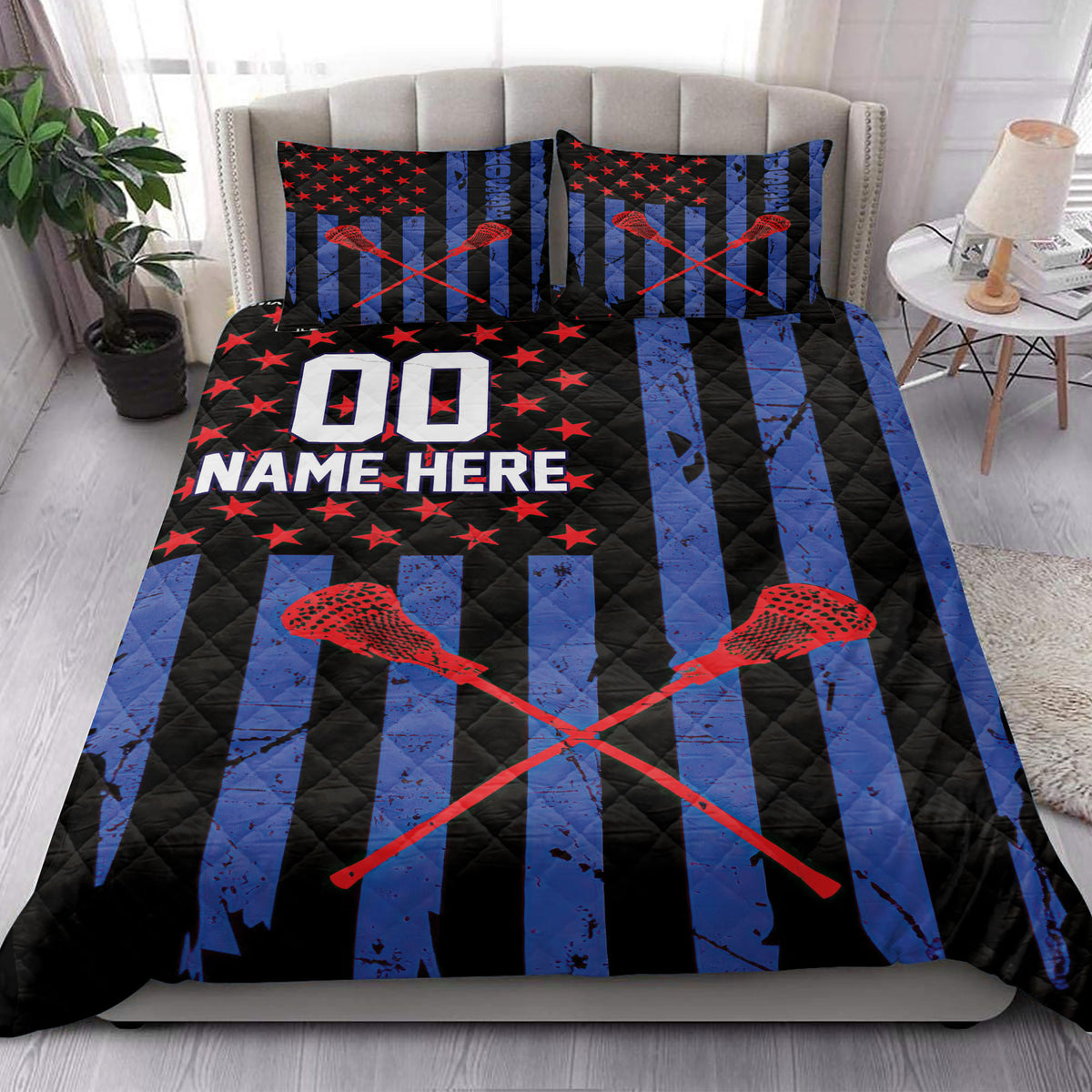 Lacrosse quilt bedding styled on a bedroom bed with blue stripes, red stars, and sports graphics