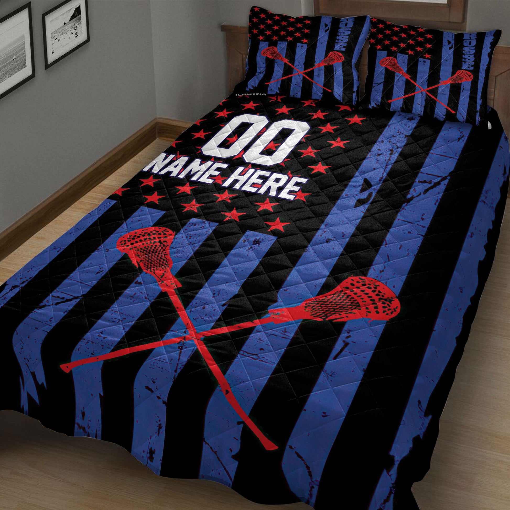Angled bedroom view of a black and blue lacrosse quilt blanket with crossed stick artwork