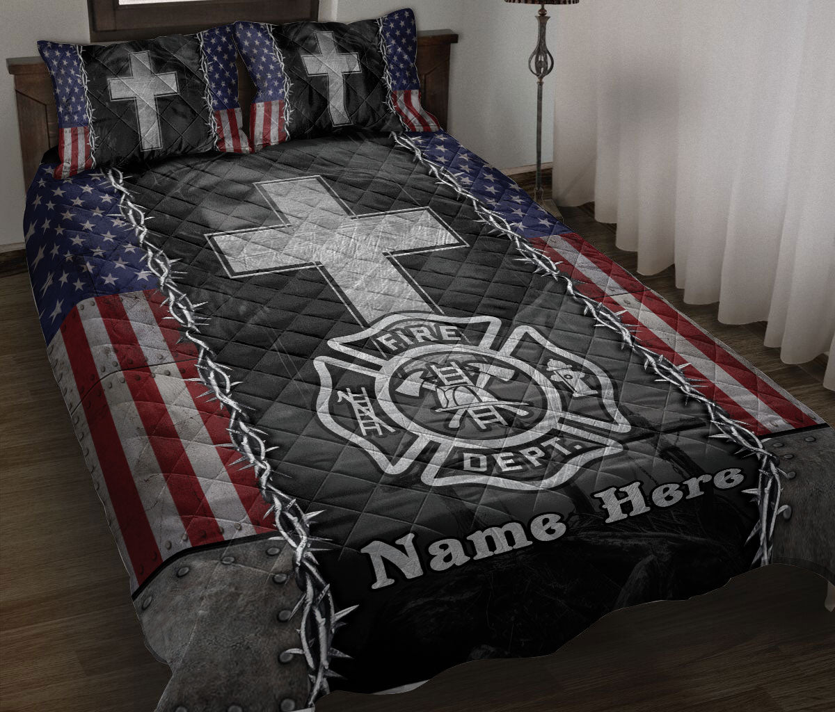 Firefighter quilt blanket bedding set with fire department emblem, silver crosses, and American flag design