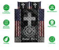 Firefighter quilt bedding set displayed front-on with patriotic flag panels, fire service emblem, and cross artwork