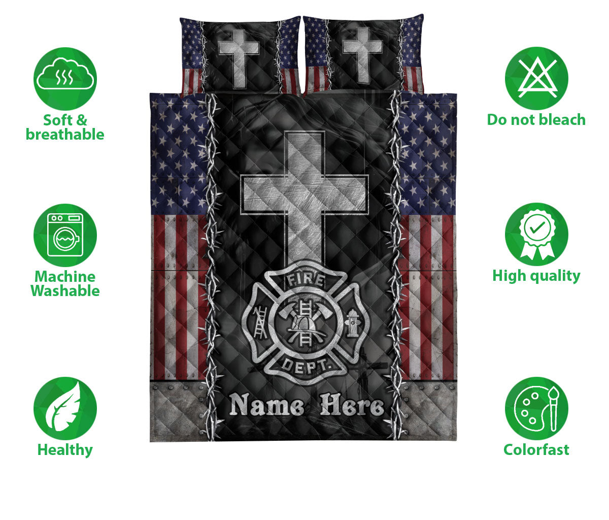 Firefighter quilt bedding set displayed front-on with patriotic flag panels, fire service emblem, and cross artwork