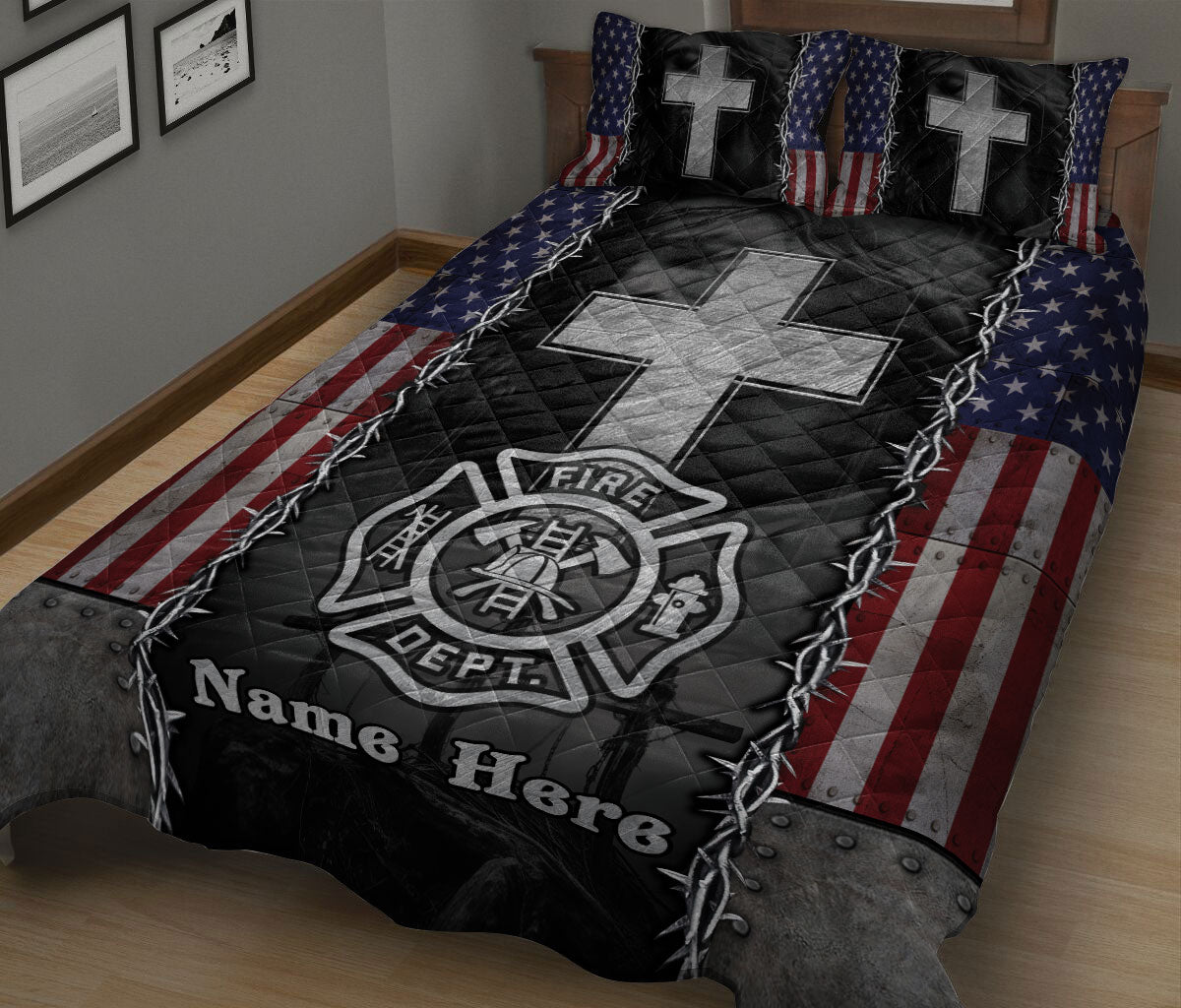 Patriotic firefighter quilt blanket on a bed featuring a large silver cross and fire department emblem