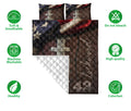 Football quilt blanket bedding set displayed flat with laced football artwork, quilt stitching, and feature icons