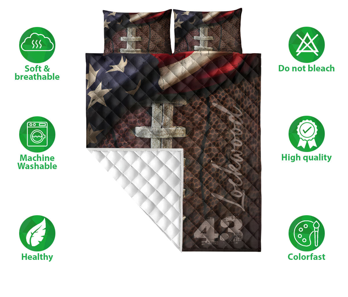 Football quilt blanket bedding set displayed flat with laced football artwork, quilt stitching, and feature icons