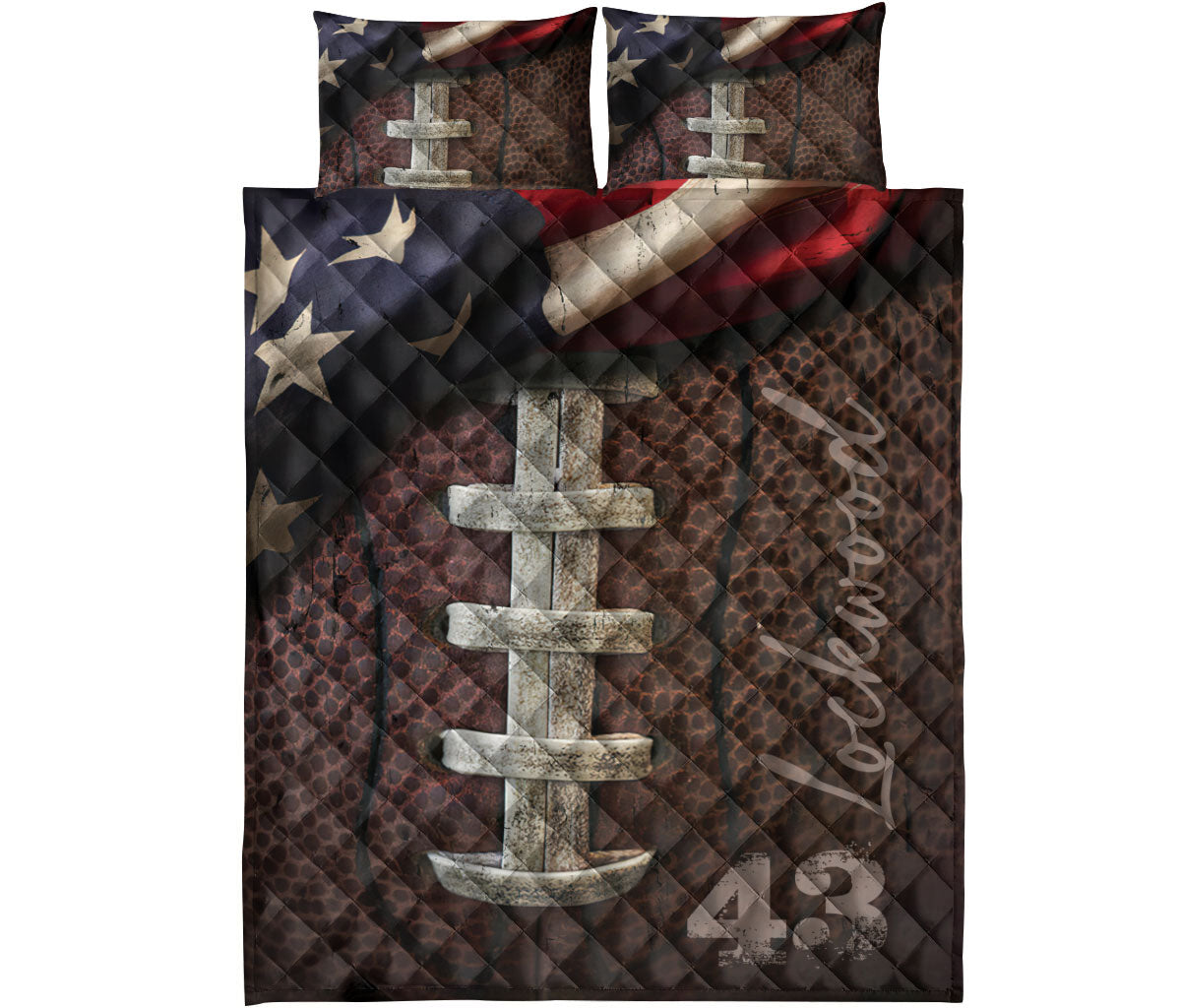 Full view of a football quilt bedding set featuring a large laced football, textured brown background, and star accents