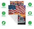 Trucker quilt bedding design showing red semi trucks, American flag graphics, and feature icons