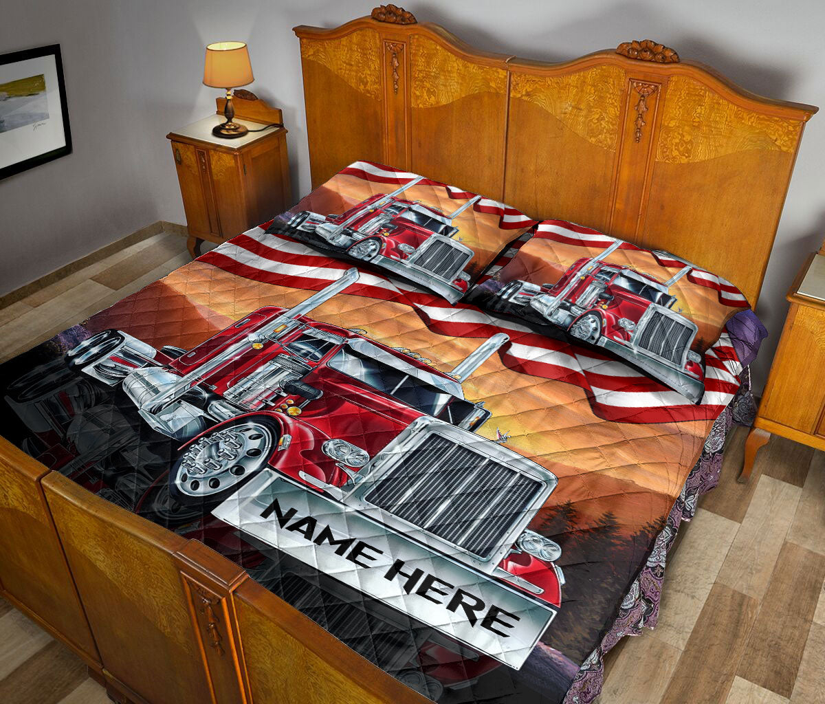 Patriotic red semi truck quilt blanket styled across a bedroom bed with matching truck artwork