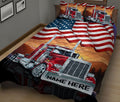 Close bedroom view of a red semi truck quilt blanket with American flag and road-inspired artwork