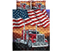 Full quilt bedding presentation featuring a red semi truck, American flag pattern, and bold patriotic design