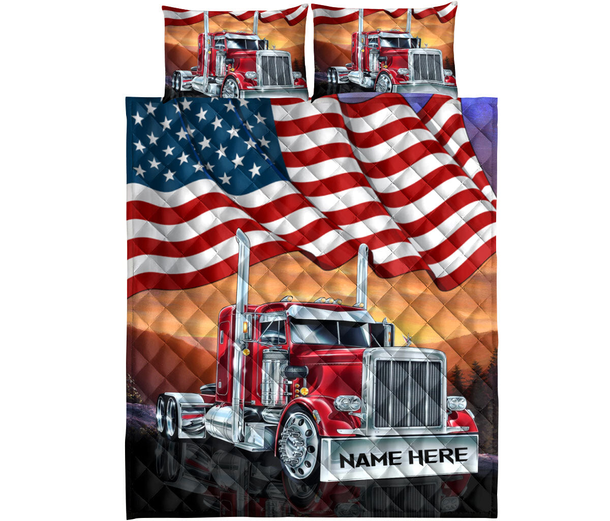 Full quilt bedding presentation featuring a red semi truck, American flag pattern, and bold patriotic design