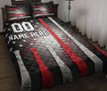 Baseball quilt blanket on a bed with red, white, and black bats, stars, and patriotic baseball artwork