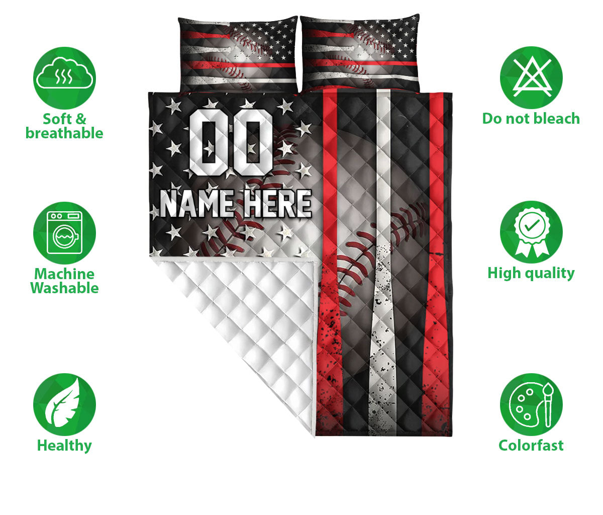 Baseball quilt bedding set displayed with patriotic bat artwork and soft, breathable feature icons