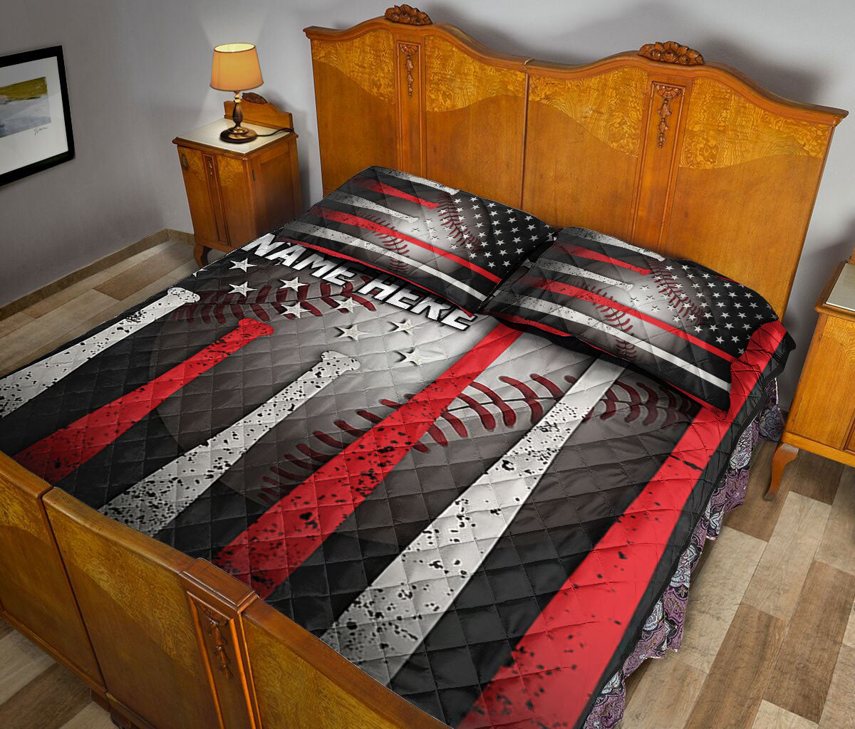 Patriotic baseball quilt blanket styled on a bedroom bed with red and white bat graphics