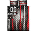 Front view of a baseball quilt bedding set with patriotic stars, baseballs, and colorful bat artwork