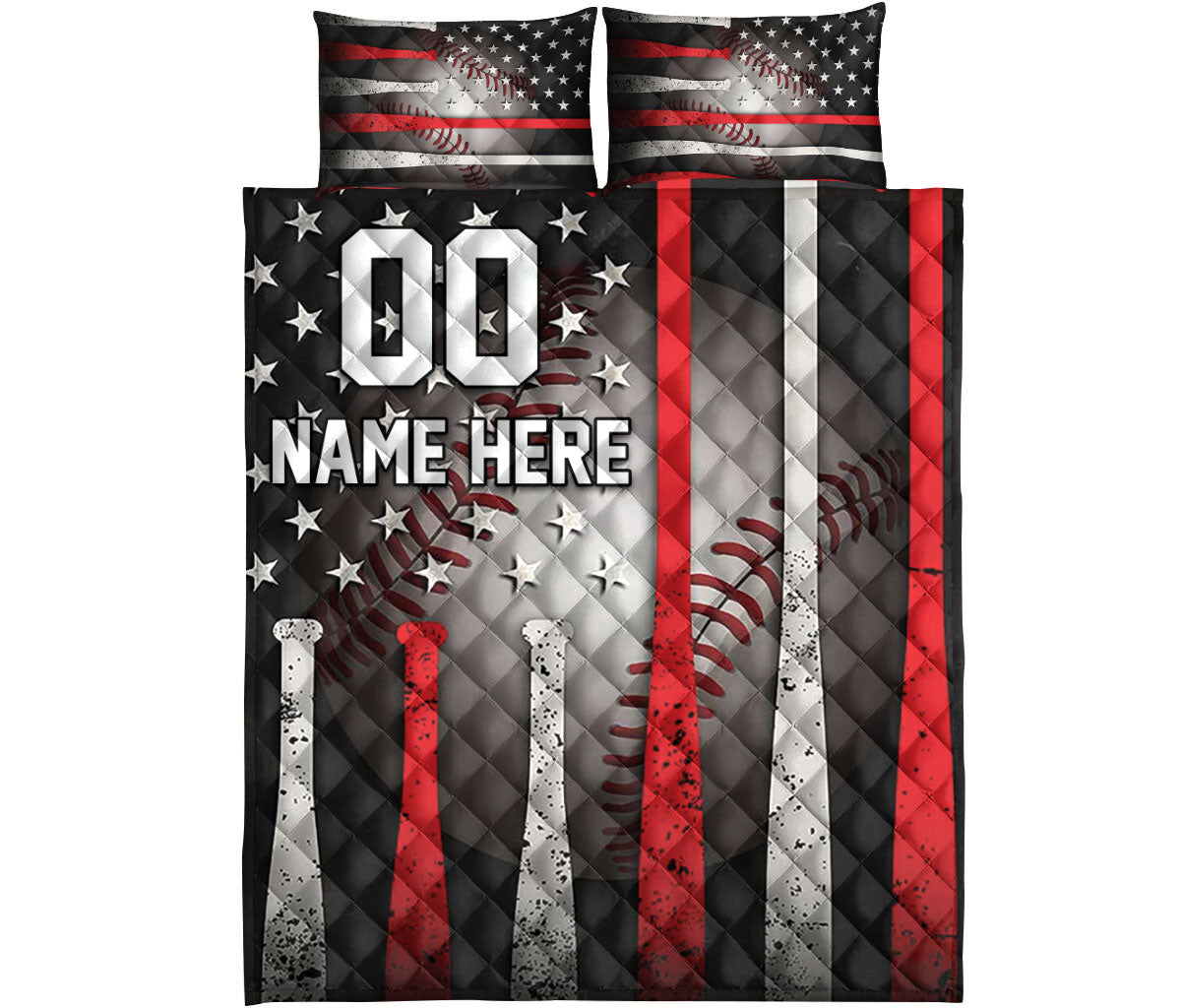 Front view of a baseball quilt bedding set with patriotic stars, baseballs, and colorful bat artwork