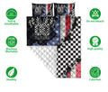 Racing quilt blanket product view showing checkered flag artwork, patriotic colors, and quilted construction
