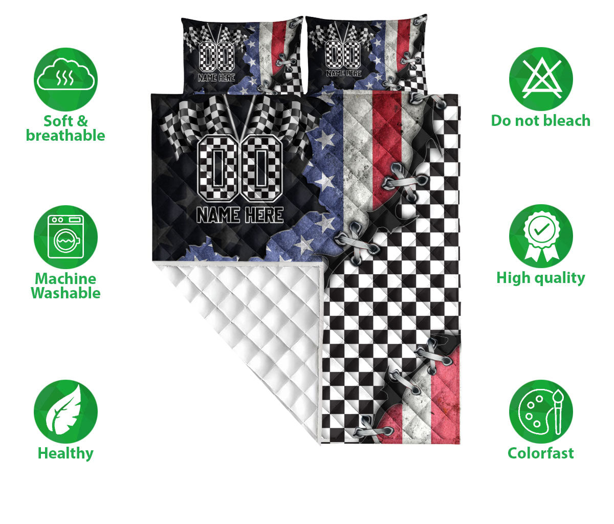 Racing quilt blanket product view showing checkered flag artwork, patriotic colors, and quilted construction