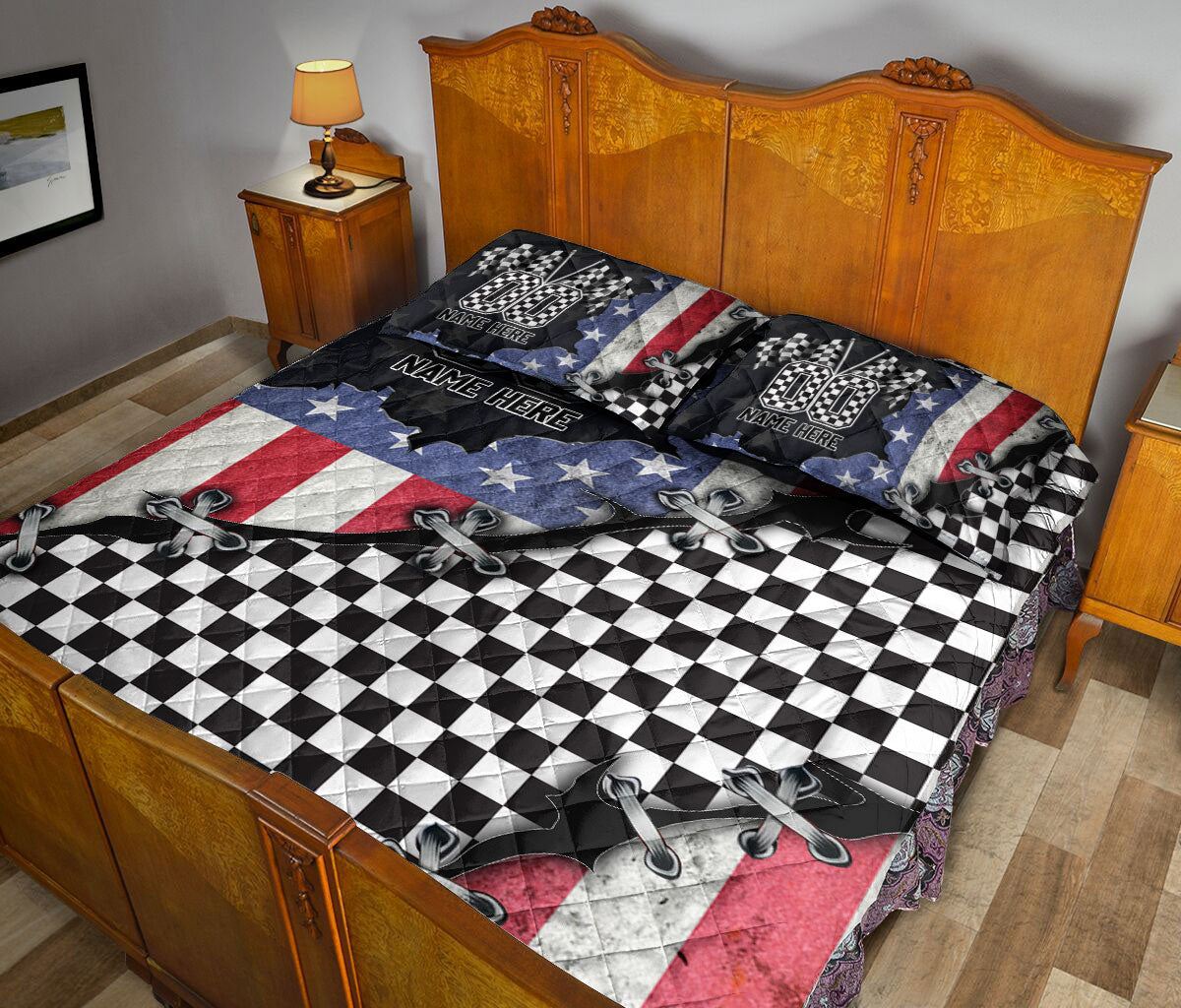 Racing quilt bedding styled in a bedroom with checkerboard patterns, racing flags, and bold red white blue graphics