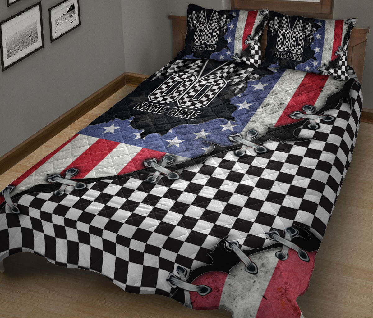Close bedroom view of a racing quilt blanket featuring large checkerboard sections and dynamic motorsport artwork