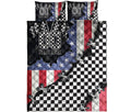Racing quilt blanket shown flat with checkered flags, checkerboard patterns, and red white blue racing graphics