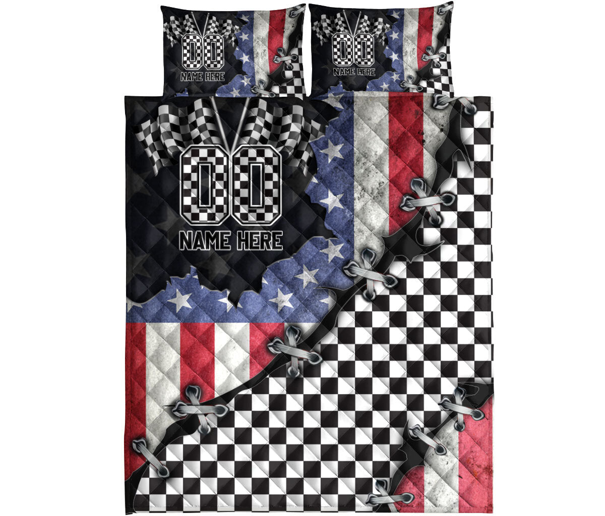 Racing quilt blanket shown flat with checkered flags, checkerboard patterns, and red white blue racing graphics