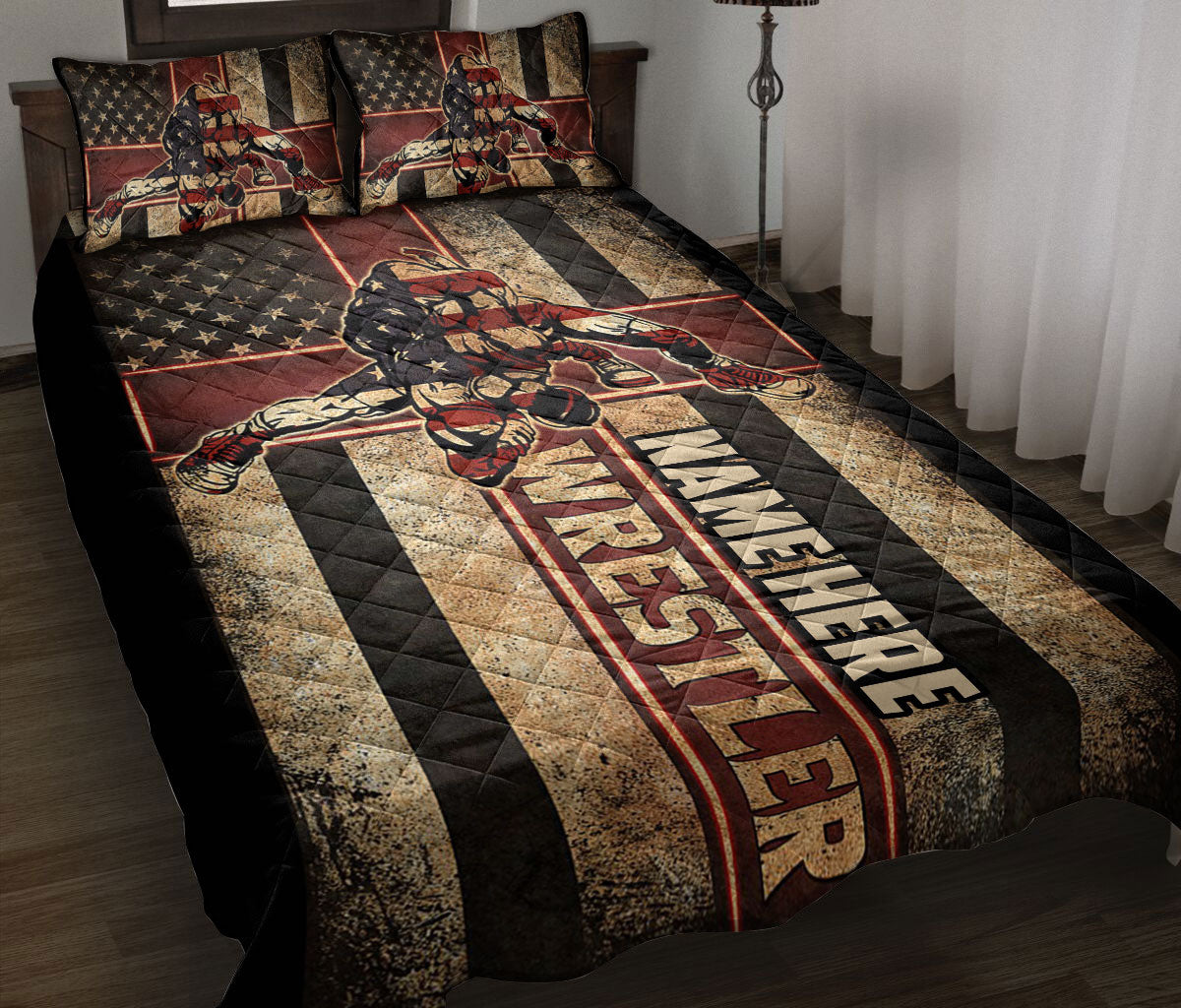 Wrestling quilt blanket styled on a bed with patriotic flag graphics and vintage red, black, and tan artwork