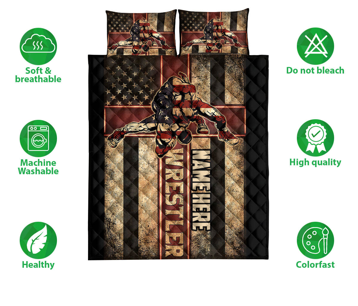 Wrestling quilt blanket shown flat with grappling athlete artwork and product feature icons