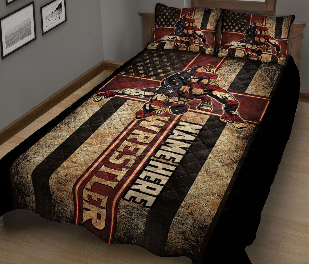 Wrestling quilt blanket bedroom display featuring vintage athletic artwork, flag motifs, and bold dark stripes