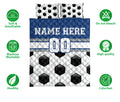 Soccer quilt bedding set shown front-facing with black and white ball pattern and blue athletic stripe design