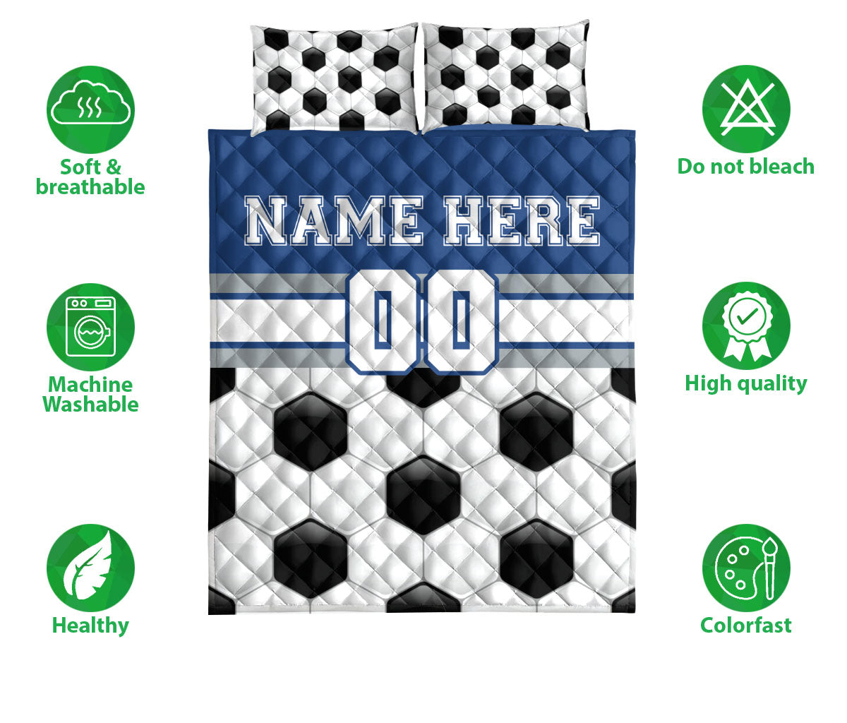 Soccer quilt bedding set shown front-facing with black and white ball pattern and blue athletic stripe design