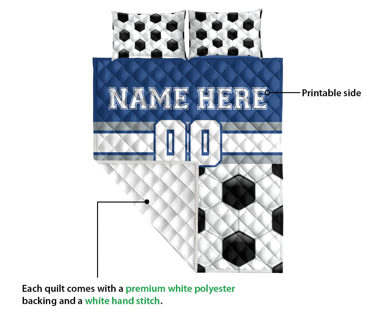 Soccer quilt blanket detail showing the printed front, white backing, stitched finish, and ball pattern