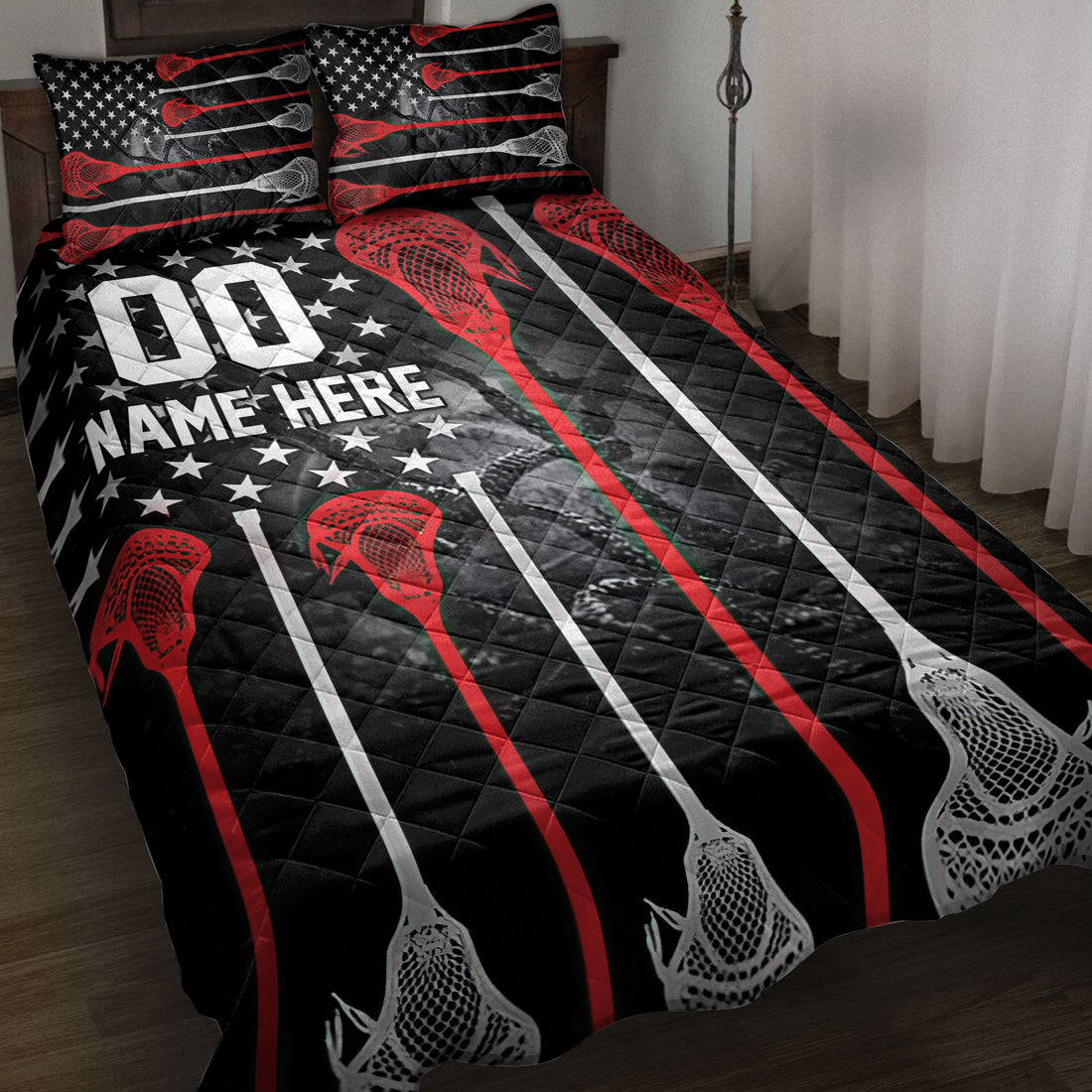 Lacrosse quilt blanket displayed on a bed with black, red, white, and star-themed sports artwork