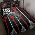 Lacrosse quilt blanket displayed on a bed with black, red, white, and star-themed sports artwork