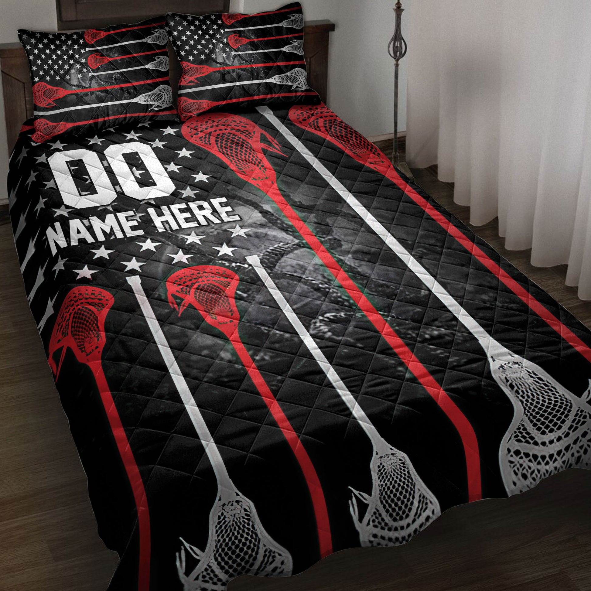 Lacrosse quilt blanket displayed on a bed with black, red, white, and star-themed sports artwork