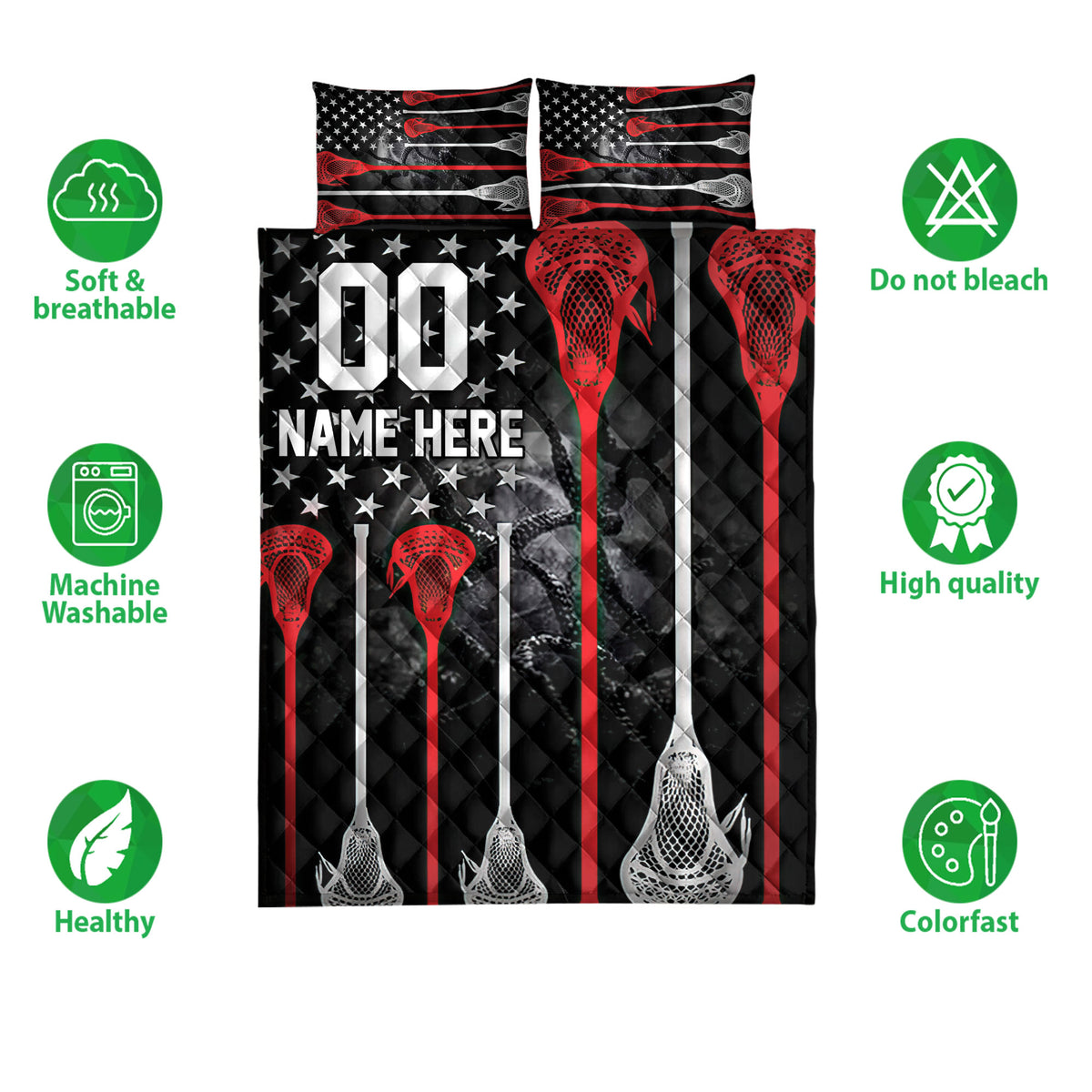 Lacrosse quilt bedding set shown with matching printed pillowcase options and bold red, black, and white artwork
