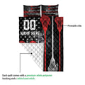 Lacrosse quilt showing the printed front and white quilted backing with bold sports artwork