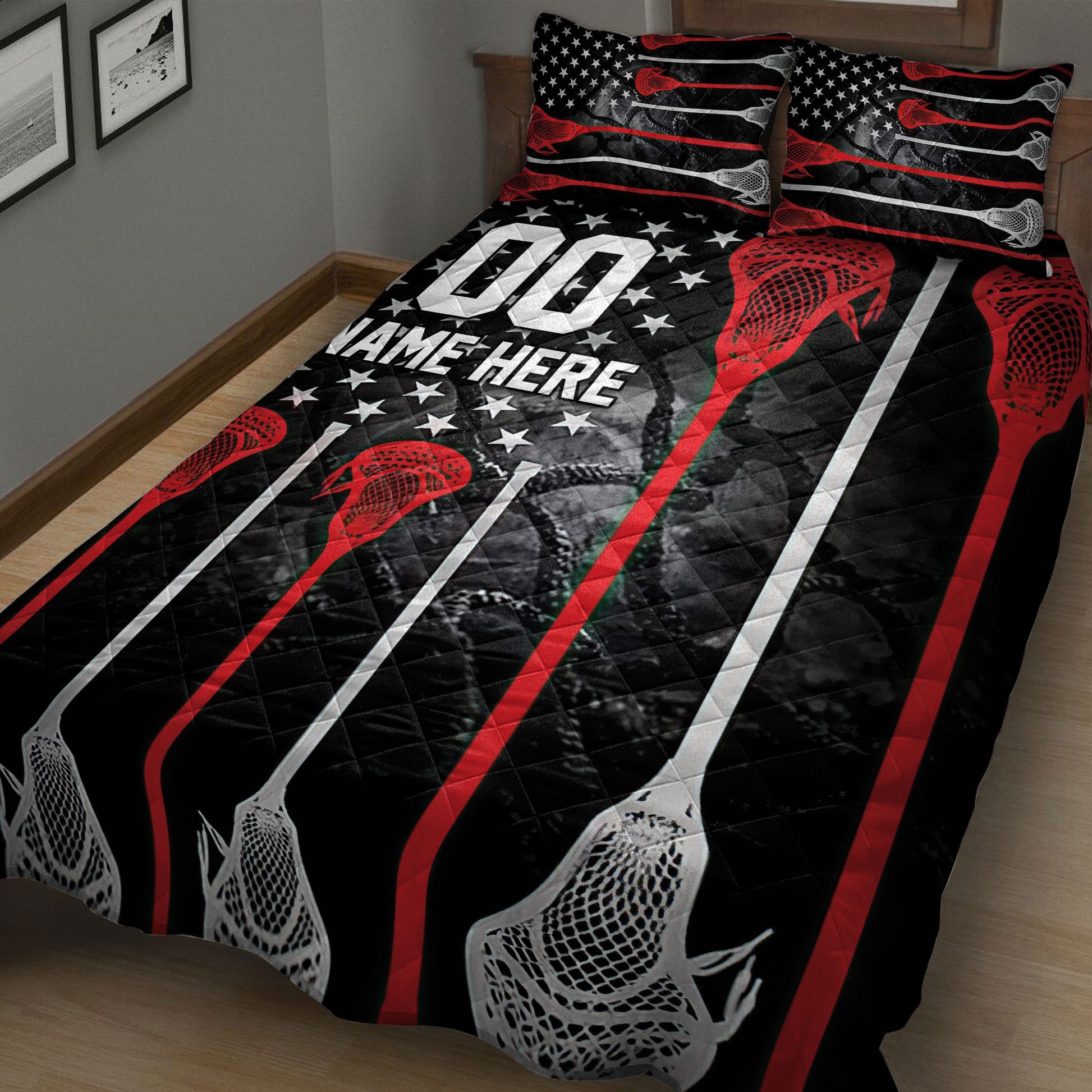 Close bedroom view of a black lacrosse quilt blanket with red and white sticks and star accents