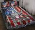 Wrestling quilt blanket styled on a bed with patriotic red, white, and blue sports artwork