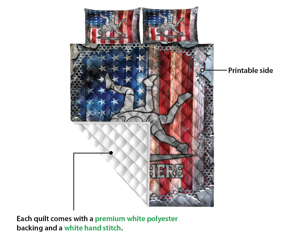 Wrestling quilt showing the printed front and quilted white backing construction