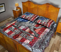 Patriotic wrestling quilt blanket displayed across a bedroom with bold grappler artwork