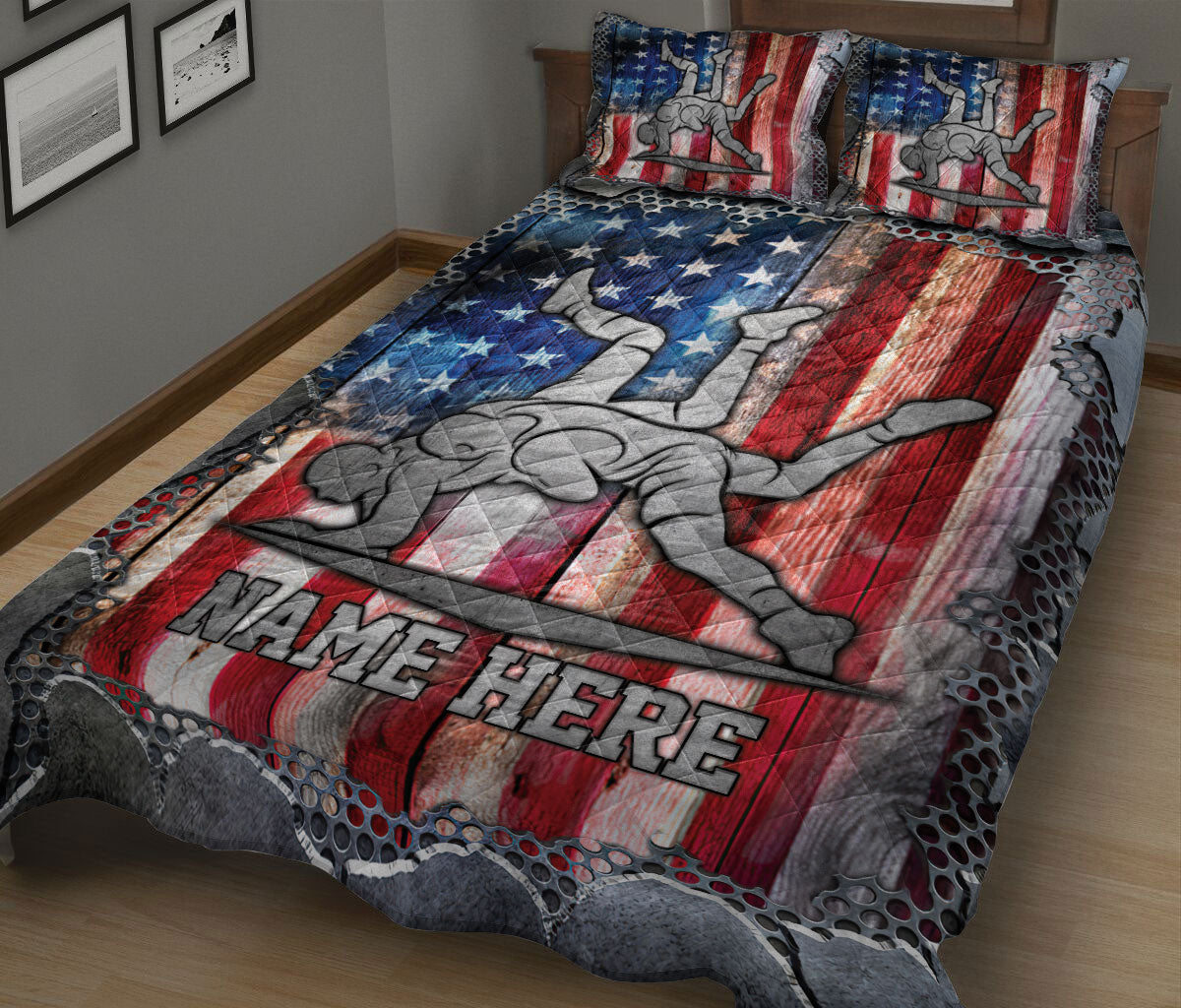 Close bedroom view of a wrestling quilt blanket with dramatic red, white, and blue artwork