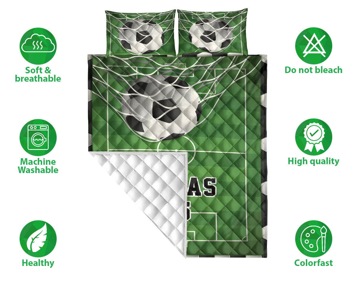 Soccer quilt bedding set shown with green field artwork, soccer balls, reverse quilting, and feature icons