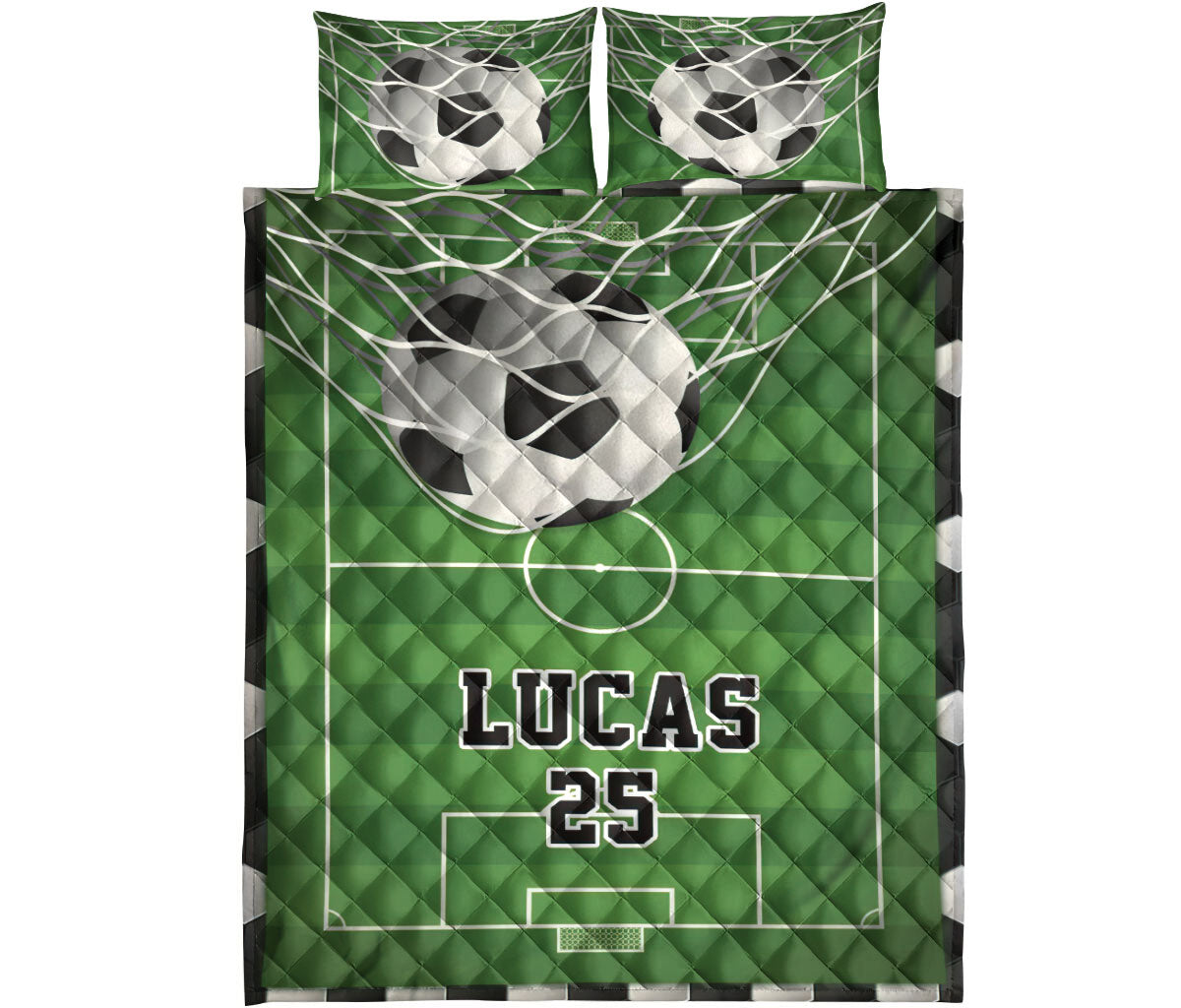 Front view of green soccer quilt bedding with soccer ball artwork, field markings, and coordinated bedroom design
