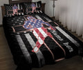 Football quilt blanket displayed on a bed with patriotic stars, stripes, and bold red, white, and blue artwork