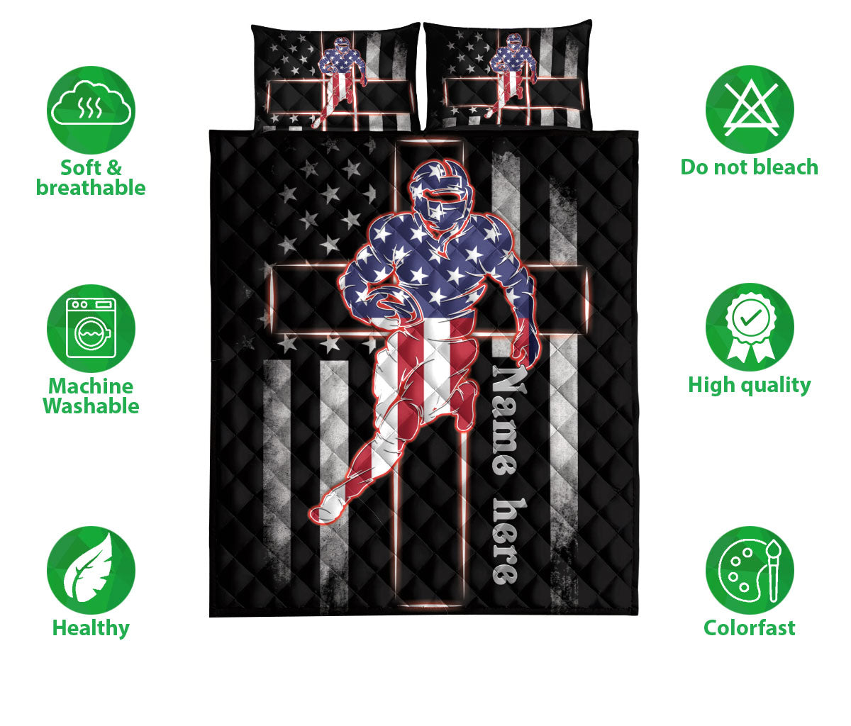 American football quilt bedding set shown flat with a helmeted player, patriotic graphics, and product feature icons